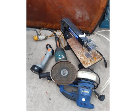 AN ASSORTMENT OF POWER TOOLS TO INCLUDE A SCROLL SAW AND AN ANGLE GRINDER ETC 