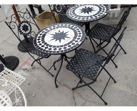 A ROUND TILE TOP BISTRO TABLE AND TWO FOLDING CHAIRS WITH TILED BACKS 