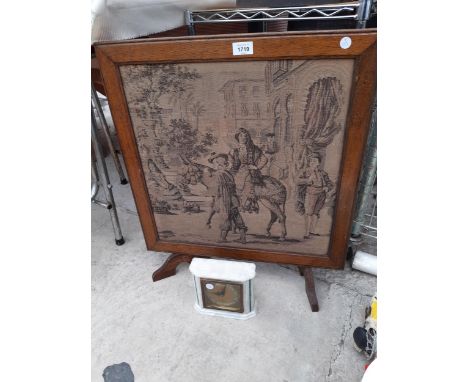 A WOODEN FIRE SCREEN AND AN ONYX CLOCK 