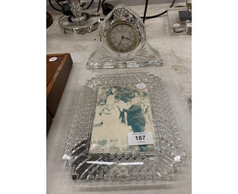TWO WATERFORD CRYSTAL ITEMS TO INCLUDE A MANTLE CLOCK AND A PHOTGRAPH FRAME FOR A 6" X 4" PICTURE 