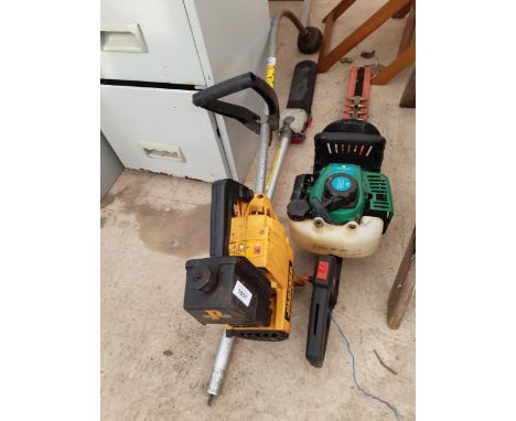 A PETROL ENGINE HEDGE TRIMMER, A GRASS STRIMMER AND A LONG REACH CHAINSAW ATTATCHMENT 