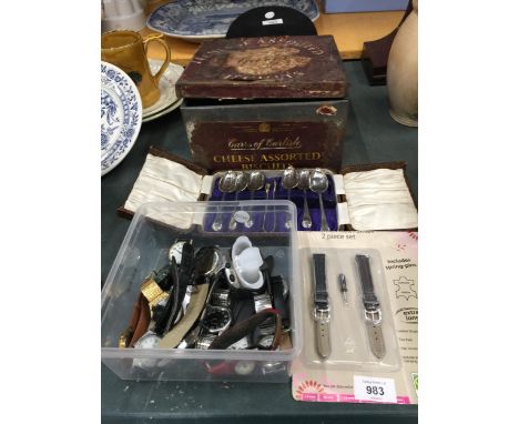 VARIOUS COLLECTABLE ITEMS TO INCLUDE A COLLECTION OF WATCHES, A BOXED SET OF TEASPOONS AND NIPS AND A VINTAGE TIN 