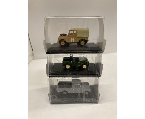 THREE BOXED OXFORD DIECAST MODELS OF LANDROVERS 1:43 SCALE 