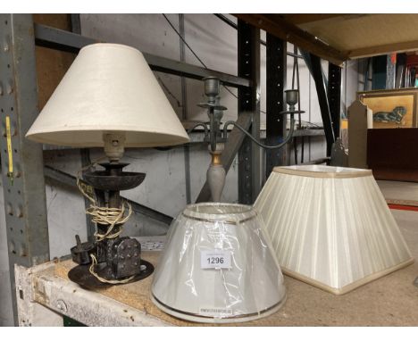 A VINTAGE COPPER BASED WITH MATCHBOX AND STRIKER CONVERTED ELECTRIC LAMP WITH FURTHER SHADES AND CANDLEABRA 