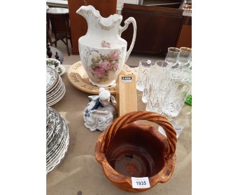 A LARGE CERAMIC WASH JUG, A STONEWARE BOWL AND A KNIFE BLOCK ETC 
