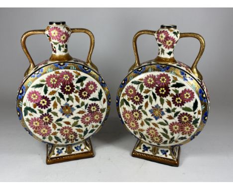 A PAIR OF ORIENTAL ENAMEL DESIGN MOONFLASKS, HEIGHT 25CM 