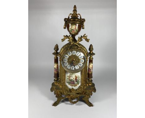 A LIMOGES STYLE DECORATIVE BRASS MANTLE CLOCK, CONVERTED TO BATTERY, HEIGHT 41CM 