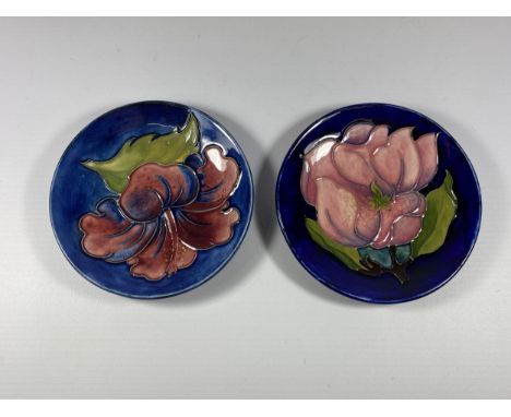TWO VINTAGE MOORCROFT PIN TRAYS WITH QUEEN MARY LABEL TO BASE 