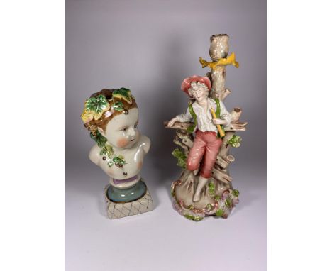 TWO ITEMS TO INCLUDE A STAFFORDSHIRE TYPE FIGURE AND CONTINENTAL PORCELAIN BOY TABLE LAMP, CROSS MARK TO BASE 