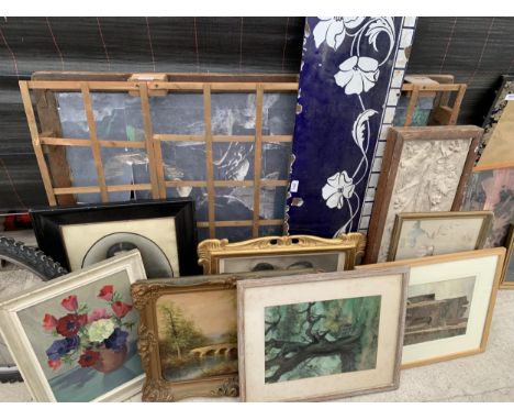 A LARGE ASSORTMENT OF FRAMED PRINTS AND PICTURES TO INCLUDE AN ENAMEL SIGN SECTION ETC 