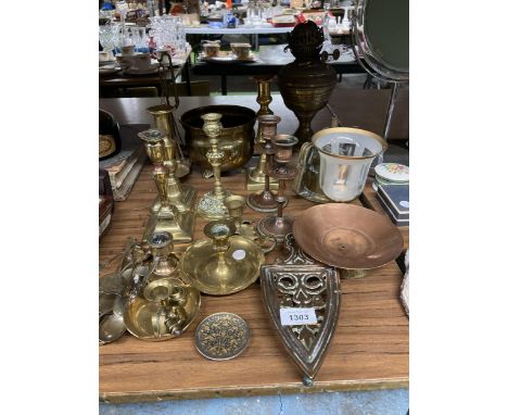 A LARGE QUANTITY OF BRASSWARE TO INCLUDE AN OIL LAMP, CANDLESTICKS, WEIGHING SCALES, ETC., 
