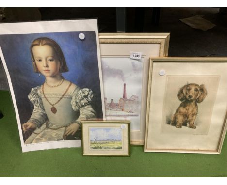 TWO FRAMED SCENIC PRINTS TOGETHER WITH A PORTRAIT OF A DOG AND A FURTHER PRINT A BRONZINO 