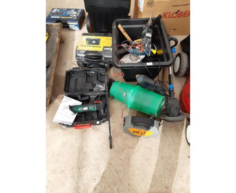 AN ASSORTMENT OF TOOLS TO INCLUDE AN ELECTRIC GRASS STRIMMER, A BOSCH DRILL AND PORTABLE GAS STOVE ETC 