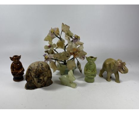 A MIXED GROUP OF ORIENTAL ITEMS TO INCLUDE JADE TYPE ELEPHANT, PLANT, EGYPTIAN HEAD ETC, PLANT HEIGHT 18CM 