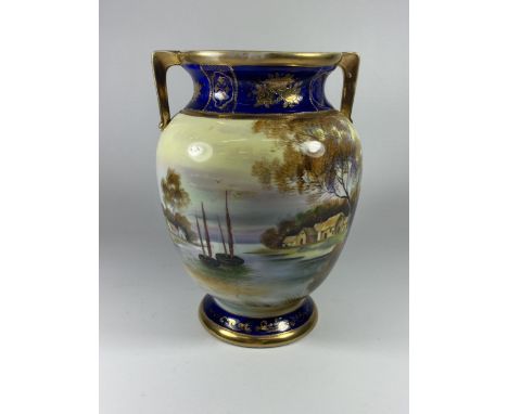 A NORITAKE TWIN HANDLED VASE WITH LAKE SCENE, HEIGHT 22CM, ONE HANDLE A/F 