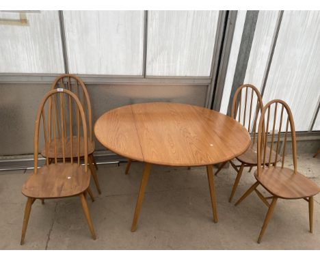 A BLONDE ERCOL ELM AND BEECH OVULAR DROP-LEAF TABLE, 48X44" AND FOUR QUAKER DINING CHAIRS 