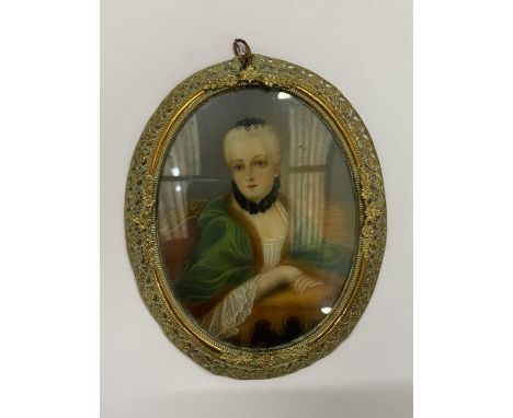 AN ANTIQUE BRASS FRAMED HAND PAINTED PORTRAIT MINIATURE, HEIGHT 10CM 