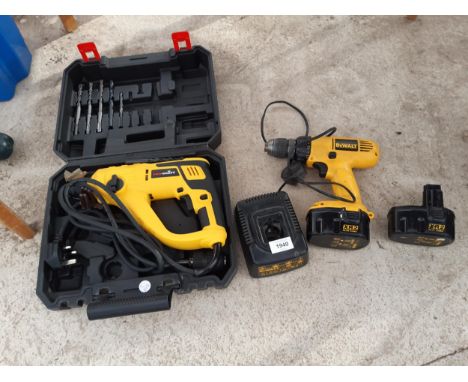 AN ASSORTMENT OF POWER TOOLS TO INCLUDE A PROCRAFT DRILL AND A DEWALT BATTERY DRILL 