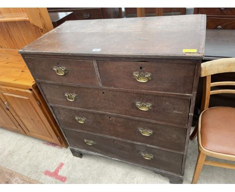 A GEORGE III OAK AND CROSSBANDED CHEST OF TWO SHORT AND THREE LONG DRAWERS ON BRACKET FEET, 36" WIDE 
