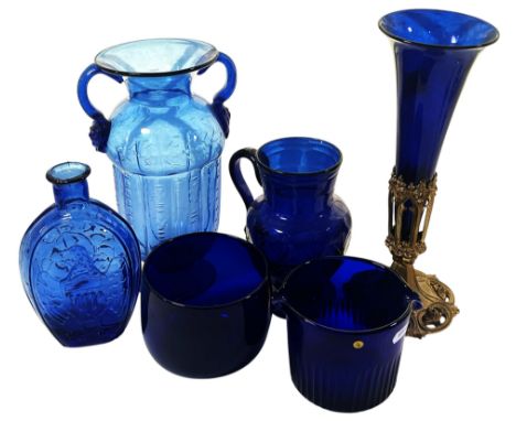A Bristol blue glass, glass washer, a bowl, together with two further blue glass vases and a blue glass vase with a gilded sl