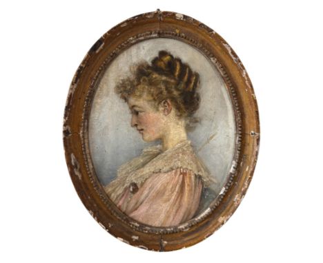 British School, 19th Century - Portrait of a young lady wearing a pink blouse, quarter-length in profile, oil on board, 28 x 