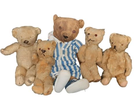 Five vintage teddy bears comprising a small bear by Merrythought with stitched nose, mouth and claws, a small 1950's Irish be
