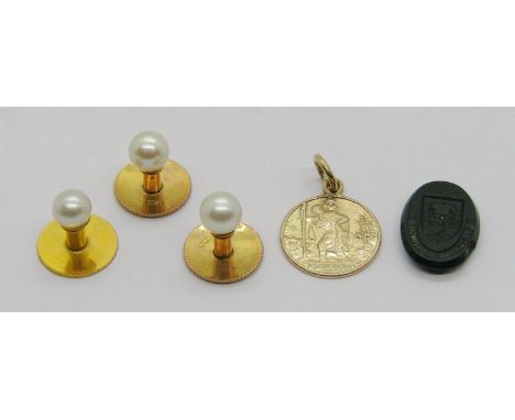 Three antique 9ct pearl dress studs, a 9ct St Christopher pendant / charm (4.2g total), and a small unmounted intaglio-cut se