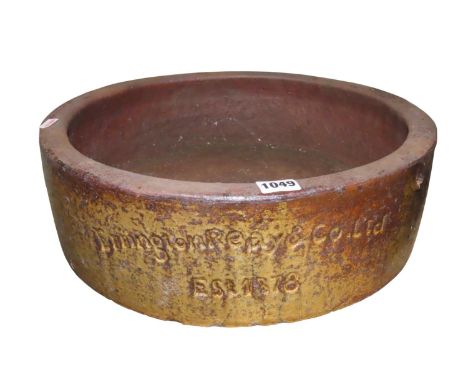 A weathered salt glazed garden planter ‘Errington Reay &amp; Co’, incised, of circular form, 13cm high, 42cm diameter