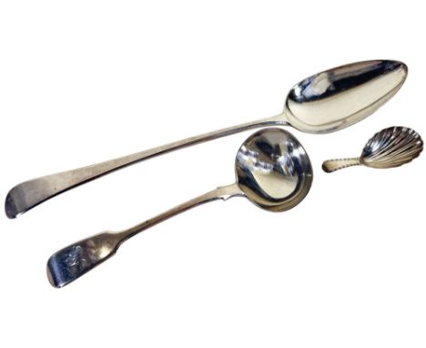 A George III silver basting spoon, London 1805, maker Stephen Adams I, a Victorian silver ladle and a silver shell caddy spoo
