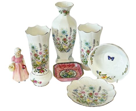 A mixed collection of decorative ceramics to include Aynsley Wild Tudor pattern vases, Royal Doulton figure Tinker Bell and a