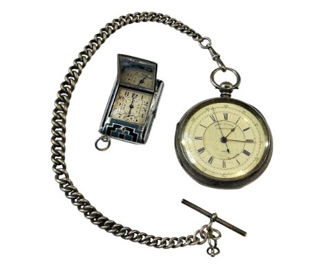 An Art Deco period pendant or fob watch, the folding enamelled chromium plated case revealing a square dial with black Roman 