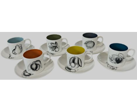 A set of six coffee cans and saucers, Black Fruit pattern to a design by Susie Cooper produced by Wedgewood