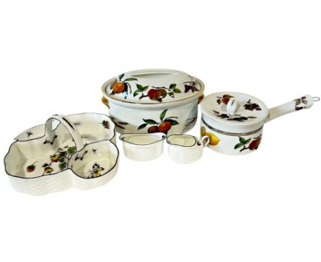 A Copeland Strawberry pattern strawberry basket with sugar and cream vessels, together with Royal Worcester Evesham pattern t