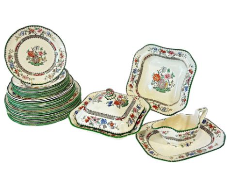 A Copeland Spode Chinese Rose dinner ware collection comprising graduated plates, tureen etc