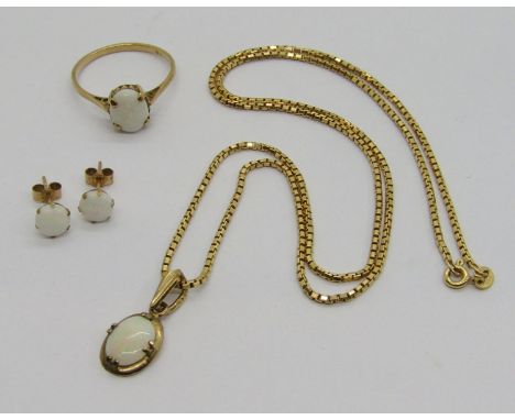 Associated suite of 9ct opal jewellery comprising a pendant hung from a box link chain necklace, a solitaire ring and a pair 