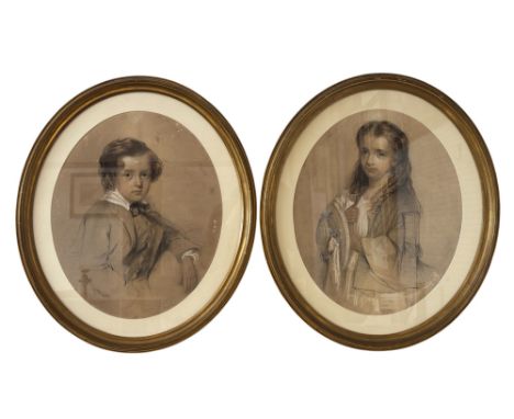 William Crawford (1825-1869) - A pair of portraits of a boy and girl (1858), both signed and dated below, pastel and graphite