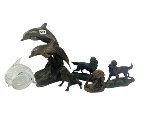 Six bronzed figure groups to include dogs, dolphins, together with an Italian Murano glass paperweight in the form of a dolph