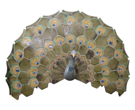 Dr Allan Peacey - a large ceramic wall plaque of a peacock with fan tail, 90cm high x 125cm wide (the following auction will 