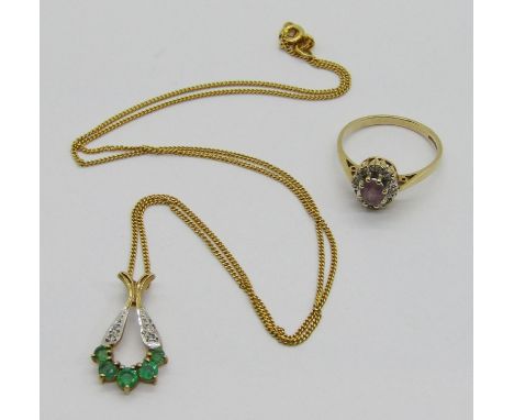 9ct emerald and diamond pendant necklace, together with a 9ct amethyst and diamond cluster ring, size M, 4.5g total (2)
