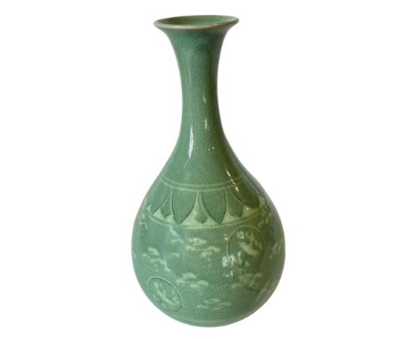 A Korean celadon glazed 'Thousand Cranes' design vase, height: 31 cm