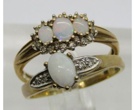 Two 9ct opal and melee diamond dress rings, both size R/S, 4.8g total