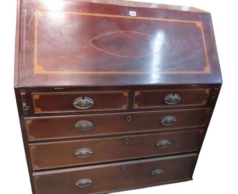 A good quality early 19th century mahogany bureau with satinwood inlaid borders, 101 cm high, 97 x 50 cm