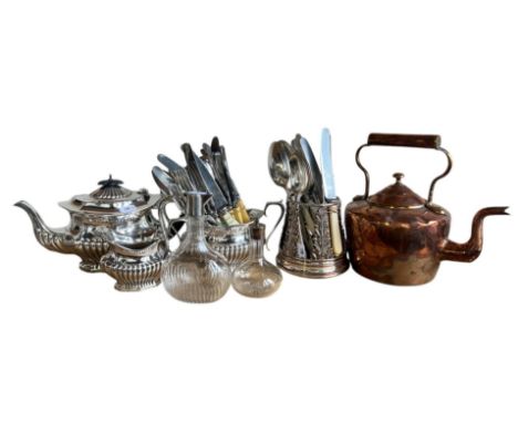 A mixed collection silver plate, a three piece tea set, two wine bottle coaster, copper kettle, loose plated cutlery, glass d
