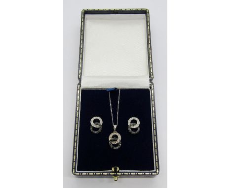 9ct white gold fancy coloured diamond pendant necklace and matching pair of earrings, of interlocking hoop design, 4.7g total