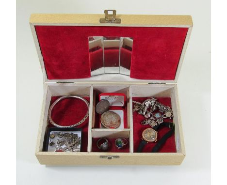 Group of vintage jewellery to include an antique yellow metal watch, silver charm bracelet, two silver rings, an 1849 florin 