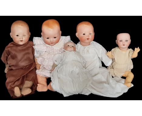 Five 1920-30's German bisque head baby dolls including a mould 985 character doll by Armand Marseille with composition body h