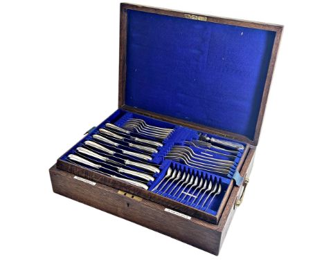 A canteen of silver cutlery, knives with pistol grip, consisting of five main forks, five side forks, six main knives, six si