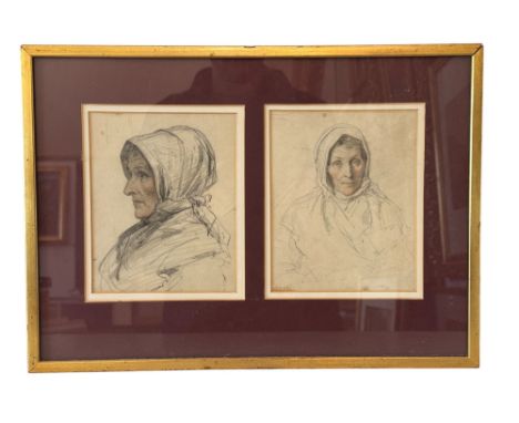 Attributed to George Housman Thomas (1824-1868) - Two studies of a lady wearing a headscarf, pencil and pastel on paper, with