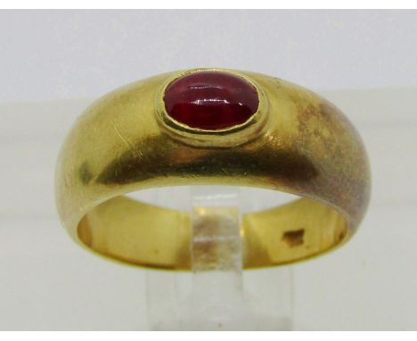 18k bombé style ring bezel set with an oval cabochon ruby, size K/L, 5.1g