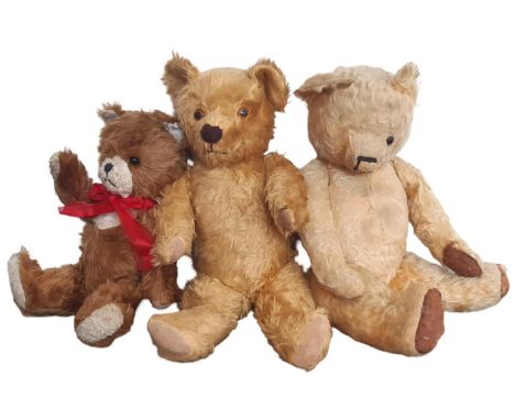 Three vintage teddy bears including a bear by Pedigree with stitched mouth, replacement felt nose and original velveteen paw 
